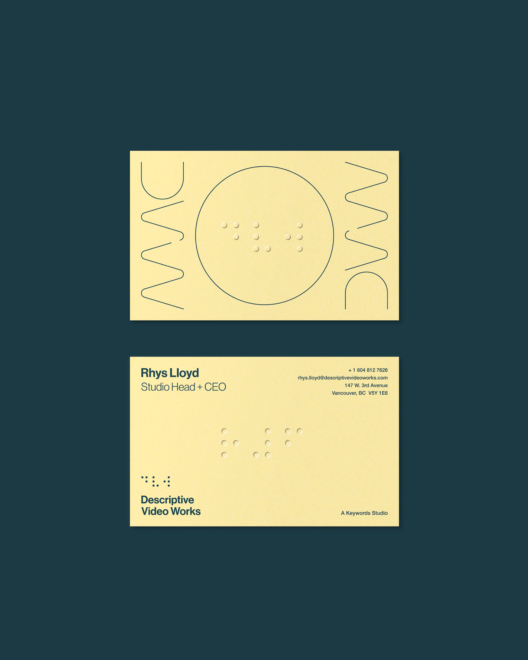 Descriptive Video Works business cards featuring tactile braille and line and line graphics.