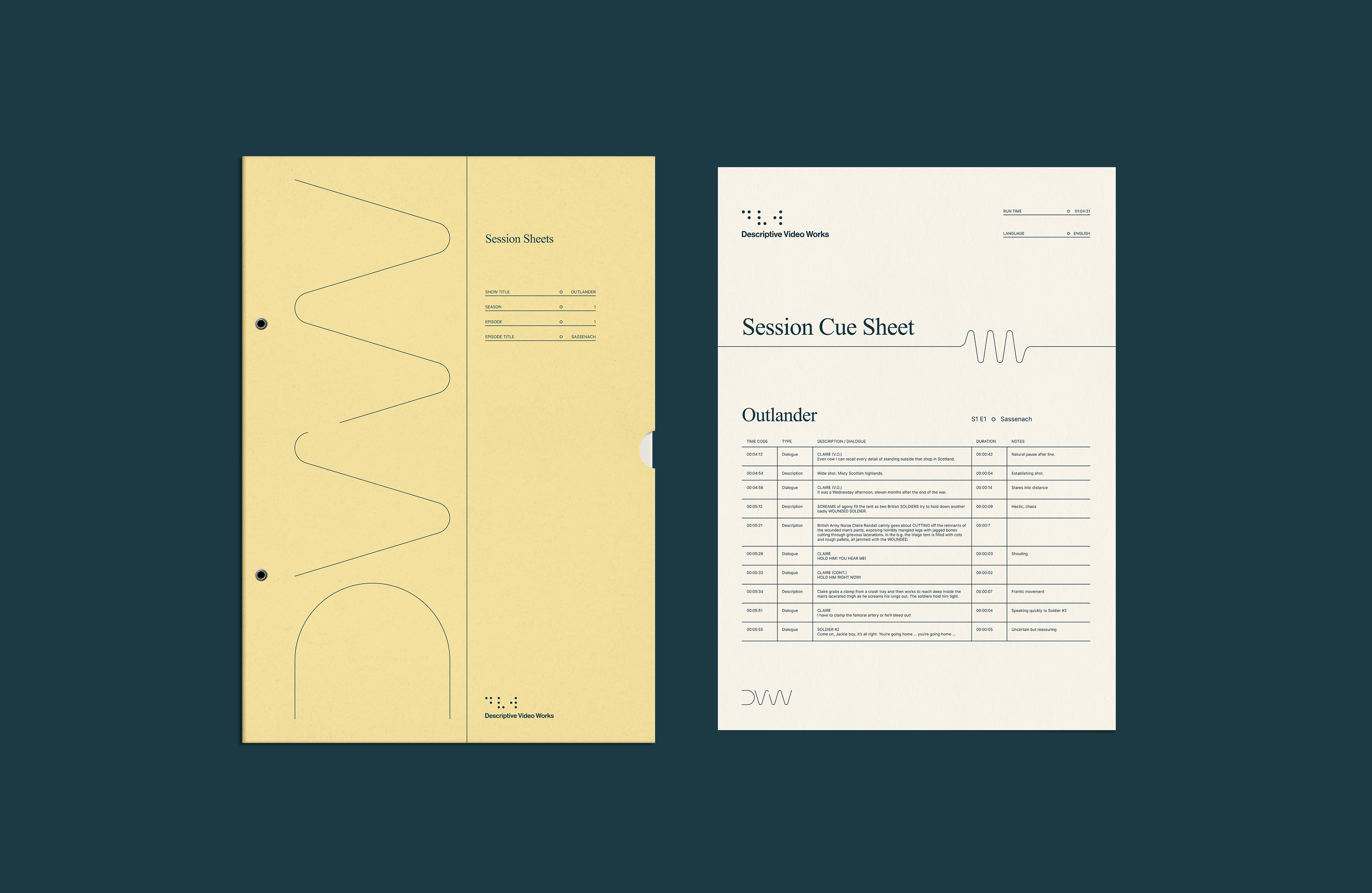 Descriptive Video Works document folder and production cue sheet featuring the branding identity system.