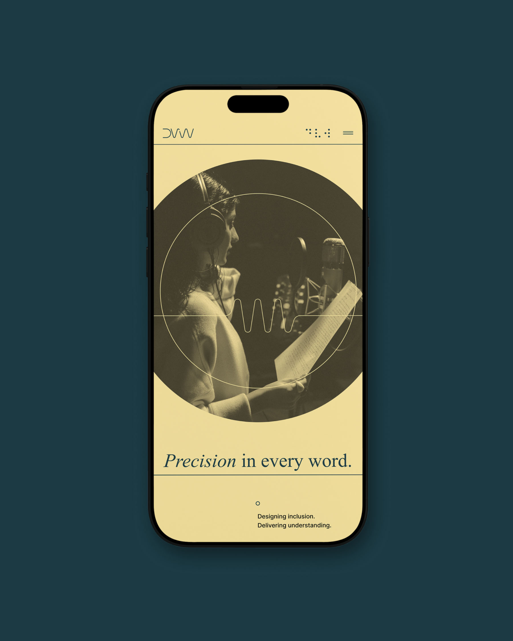Descriptive Video Works mobile interface displayed on a smartphone with the message Precision in every word.