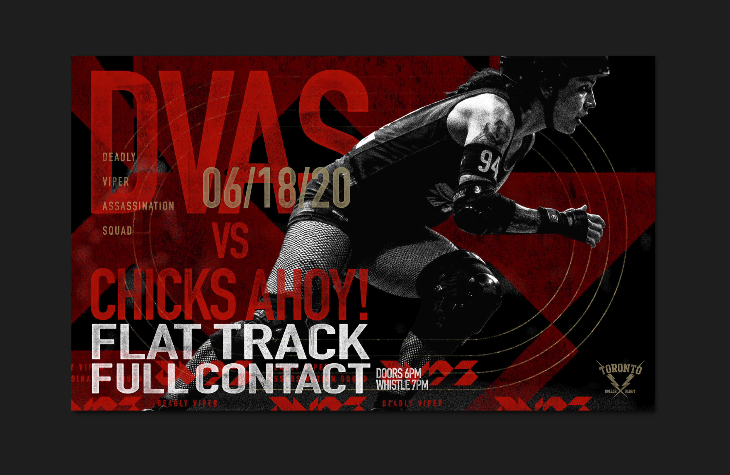 DVAS roller derby event poster featuring bold geometric typography and promotional information.