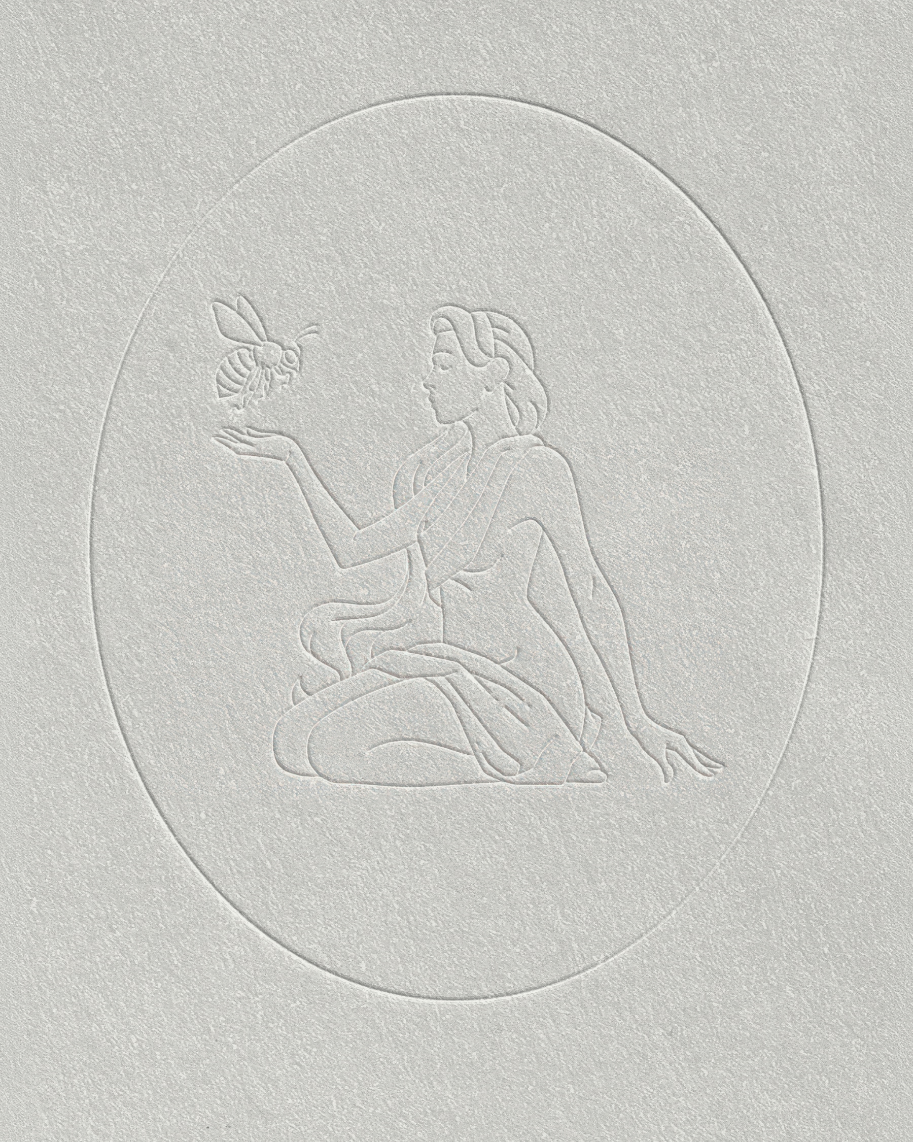 Embossed Freshwater Distillery mermaid illustration on textured off-white paper.