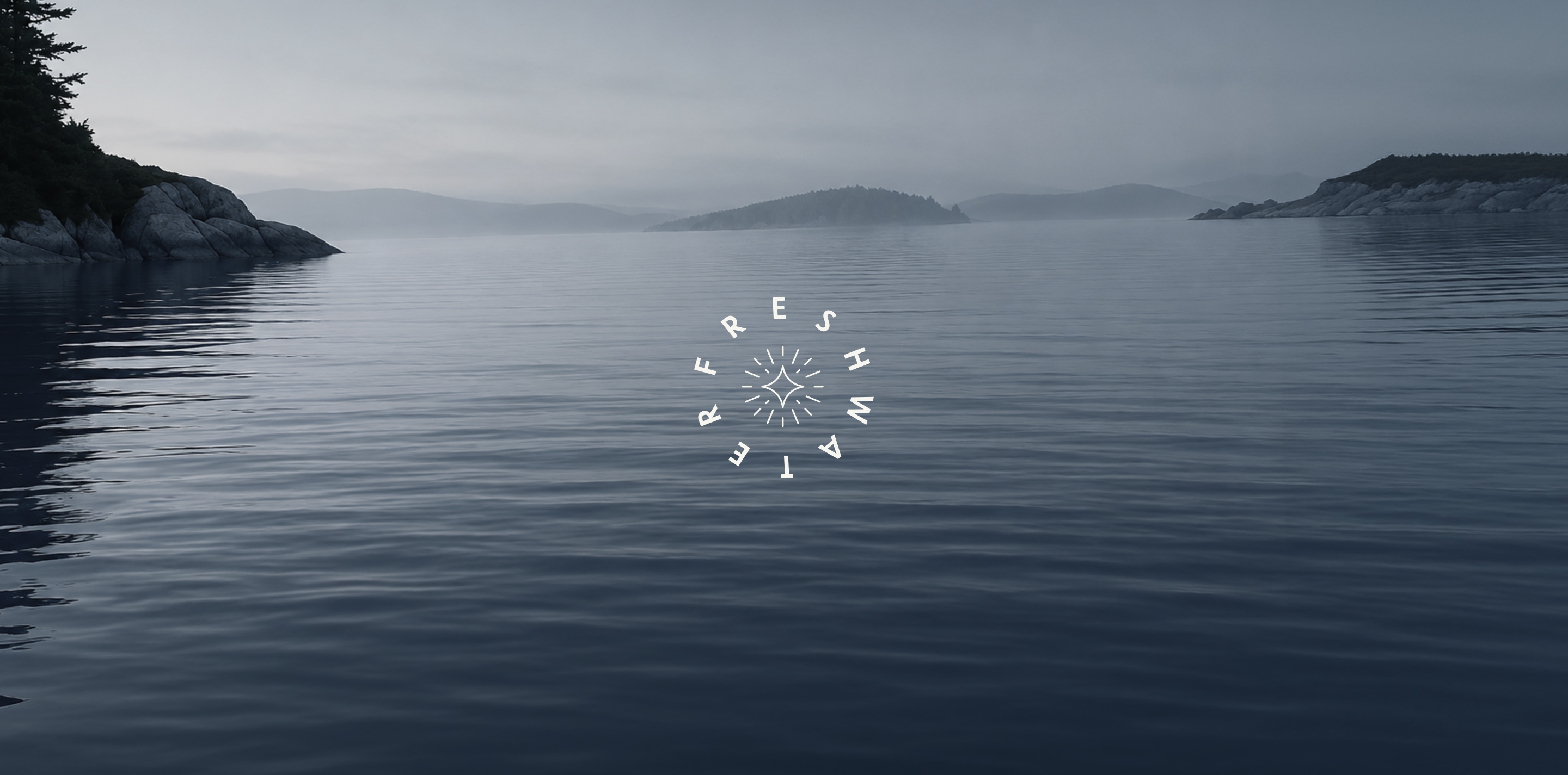 Freshwater Distillery monogram design featuring Georgian Bay photography.