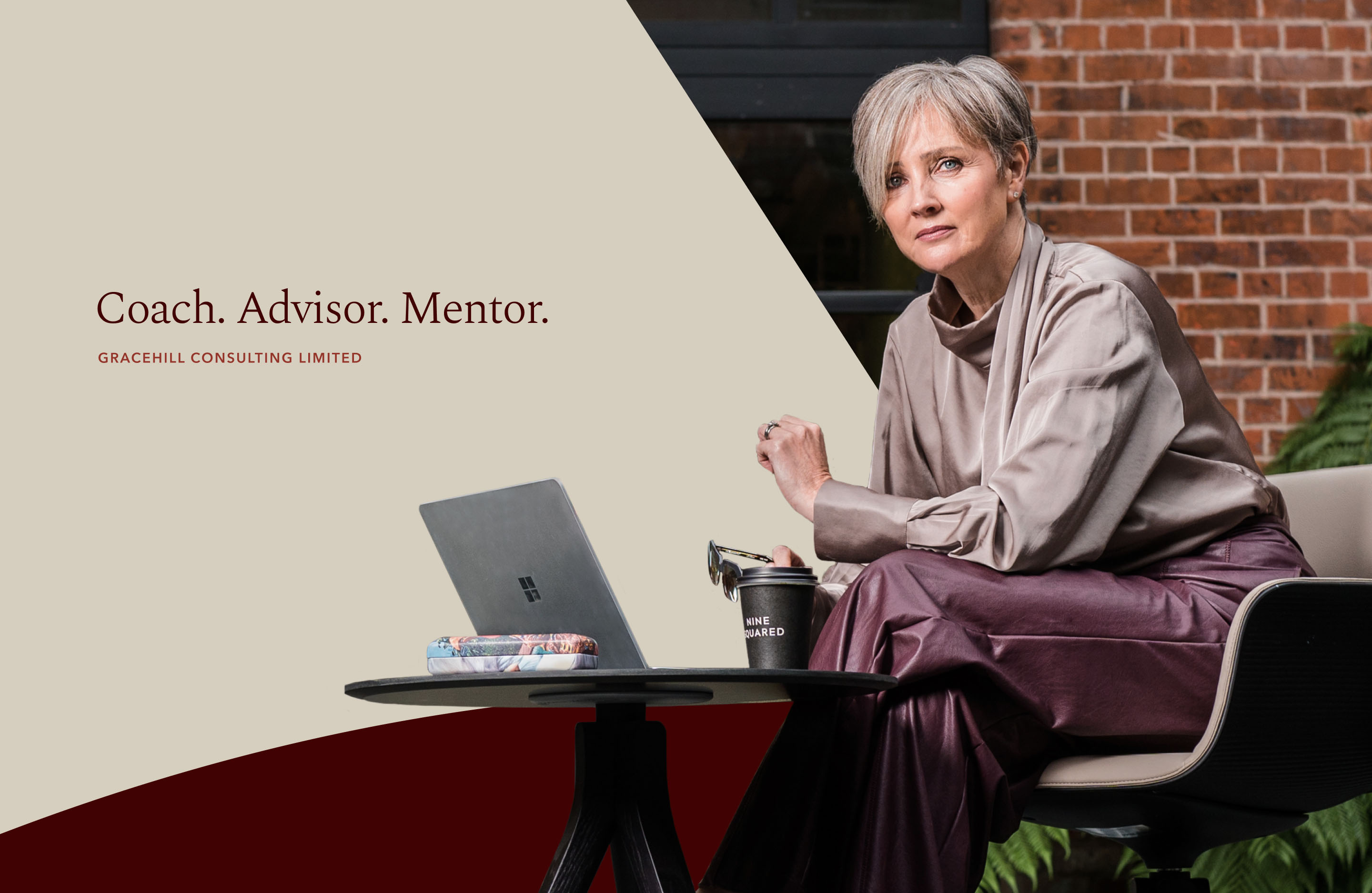 Gracehill Consulting brand layout featuring an executive portrait and the message Coach. Advisor. Mentor.