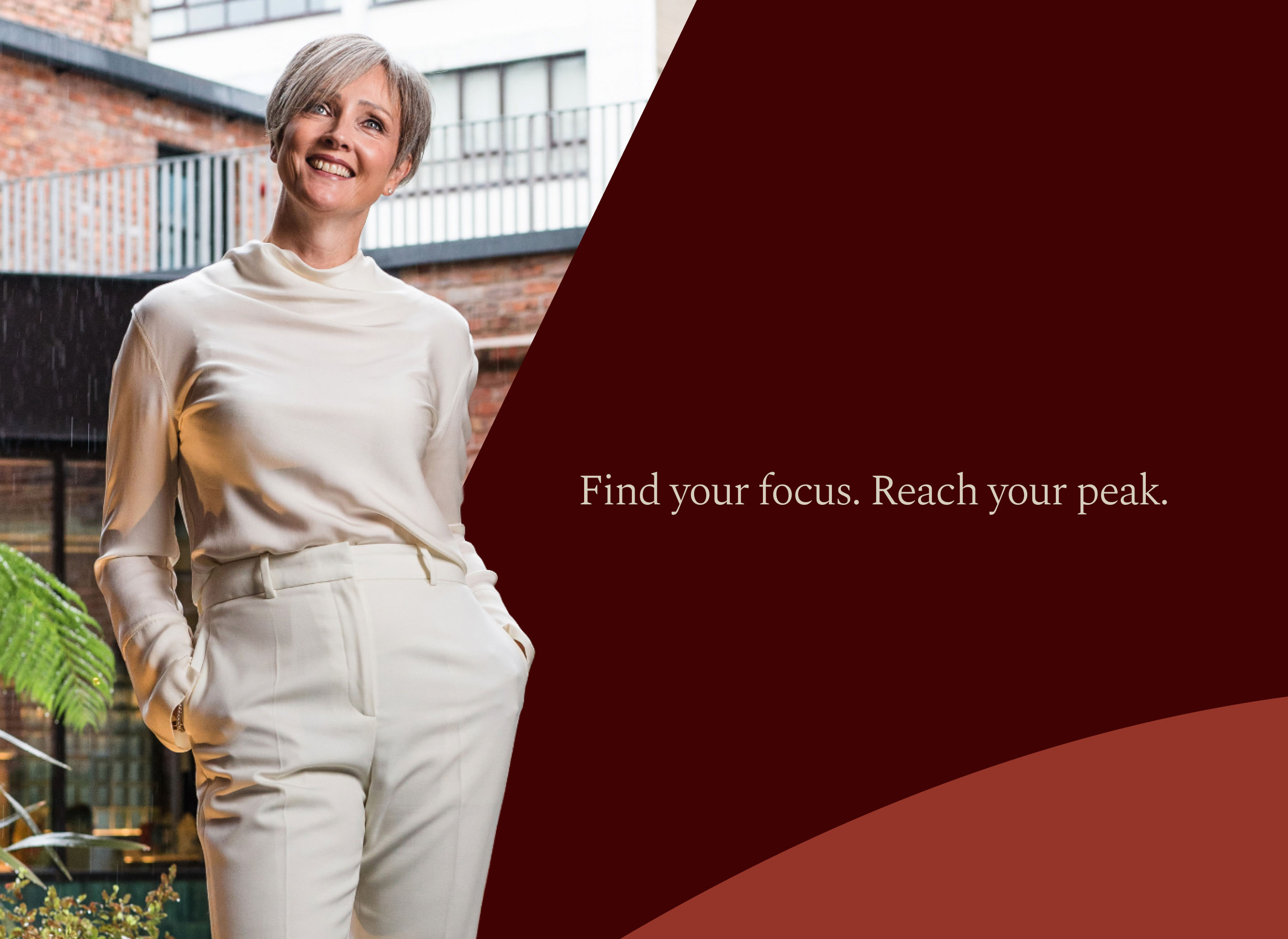 Gracehill Consulting brand campaign featuring an executive portrait and the tagline Find your focus. Reach your peak.