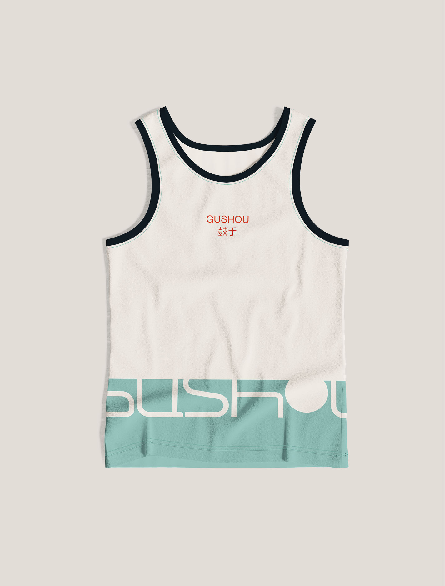 White and teal Gushou athletic tank top featuring oversized wordmark typography.