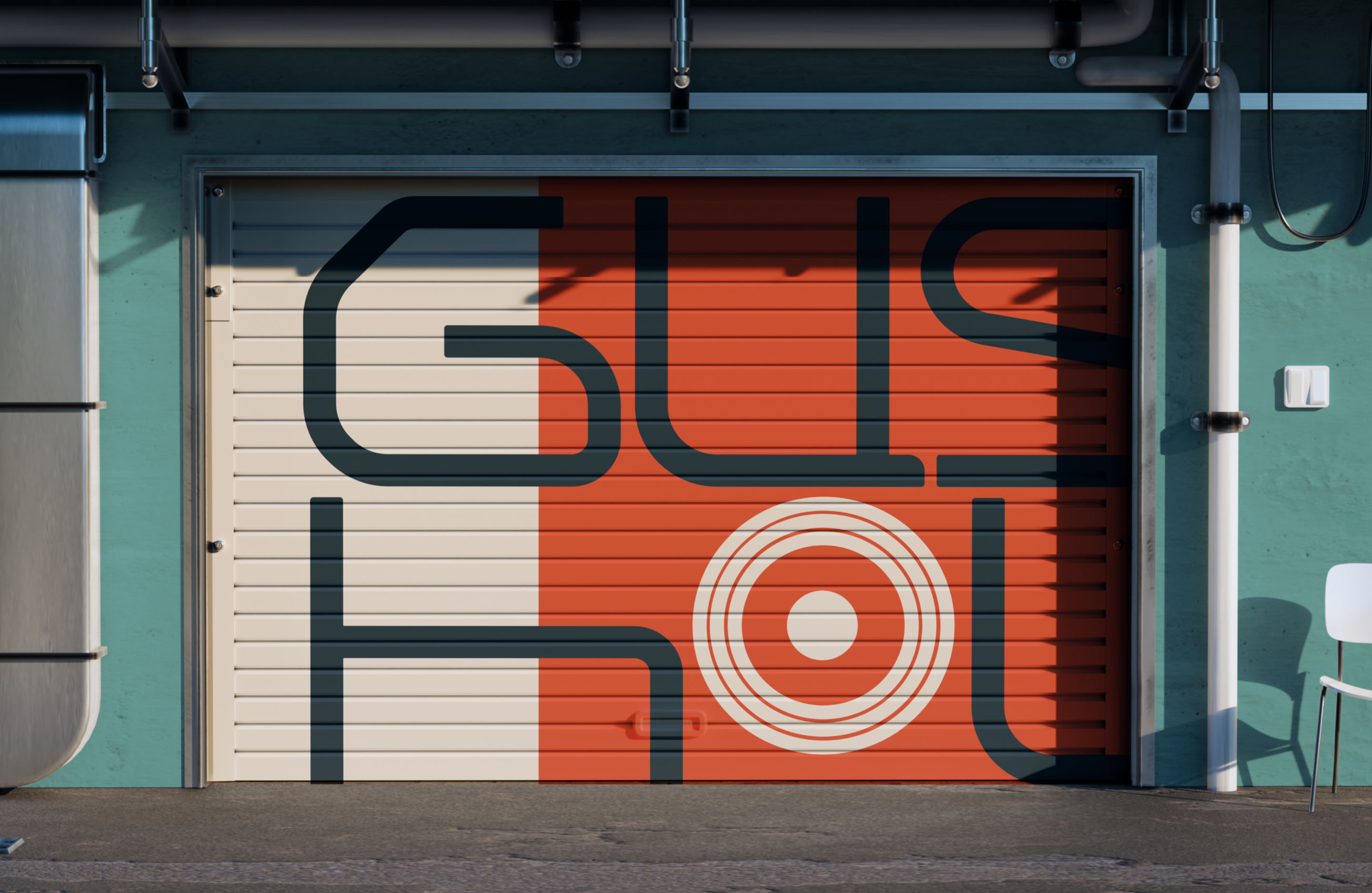 Large Gushou wordmark and circular identity graphics applied to a building facade.