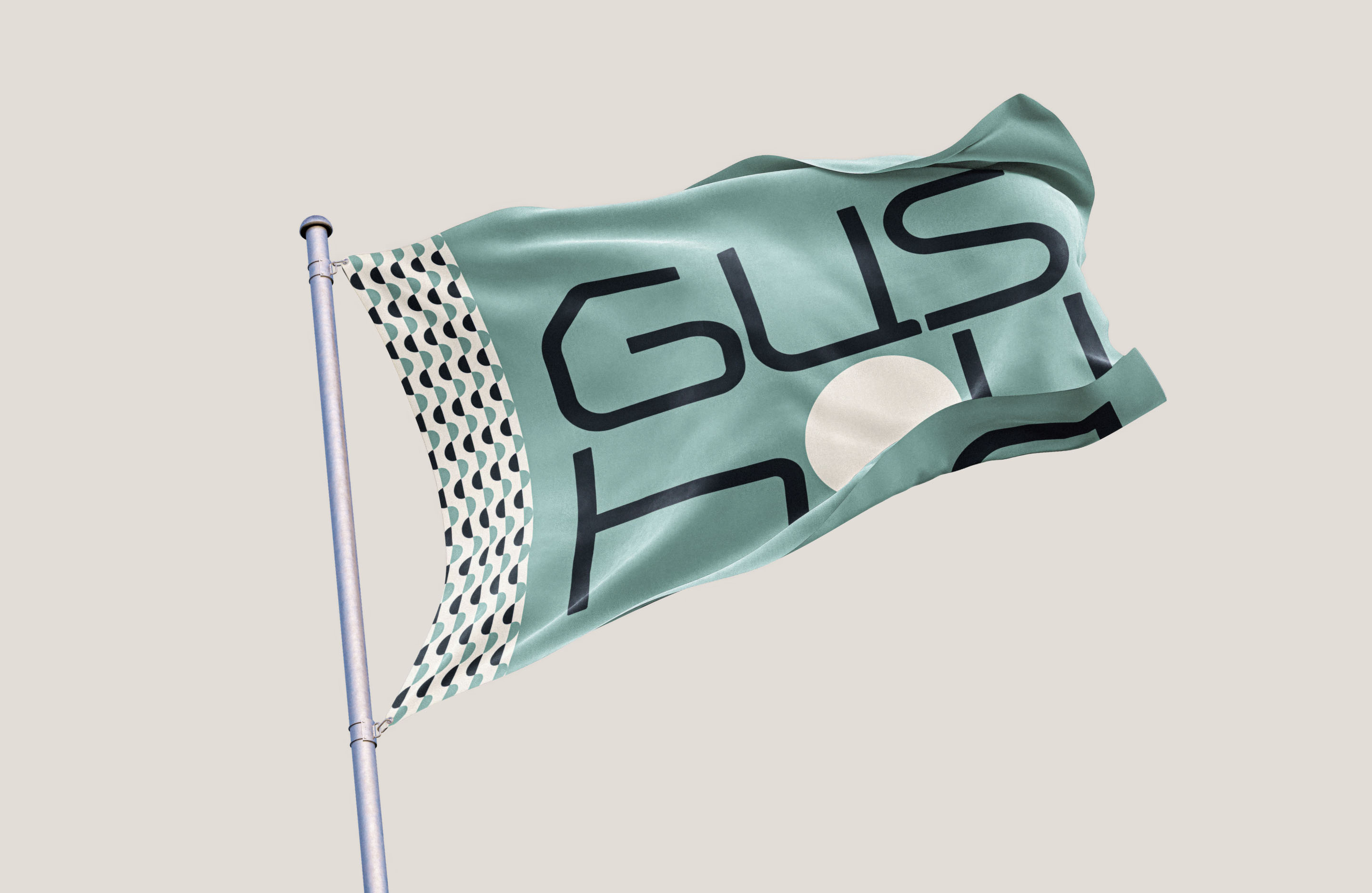 Gushou flag featuring oversized typography and patterned black-and-white detailing.