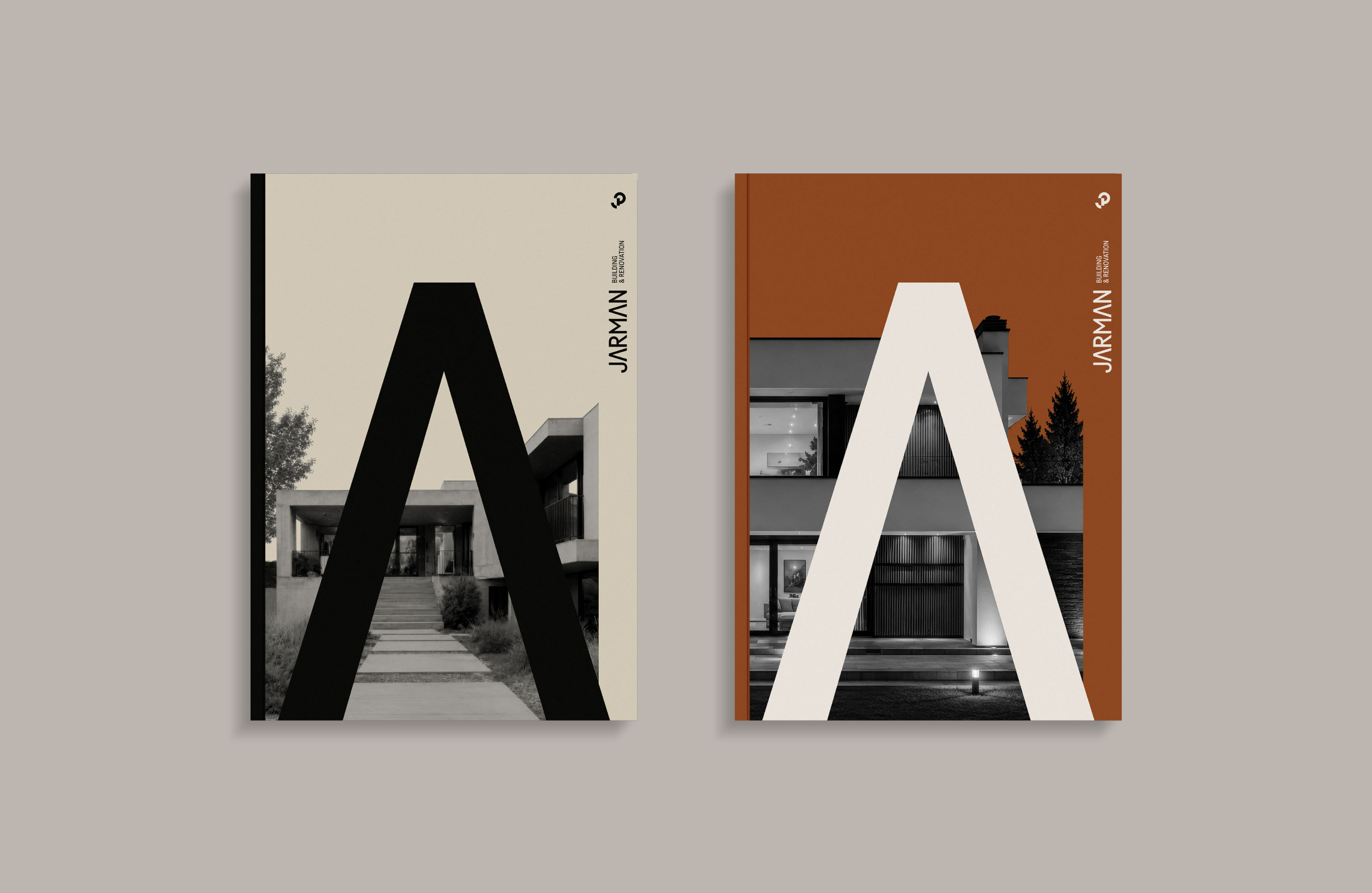 Jarman Professional brochure covers featuring architectural photography and oversized letterforms.
