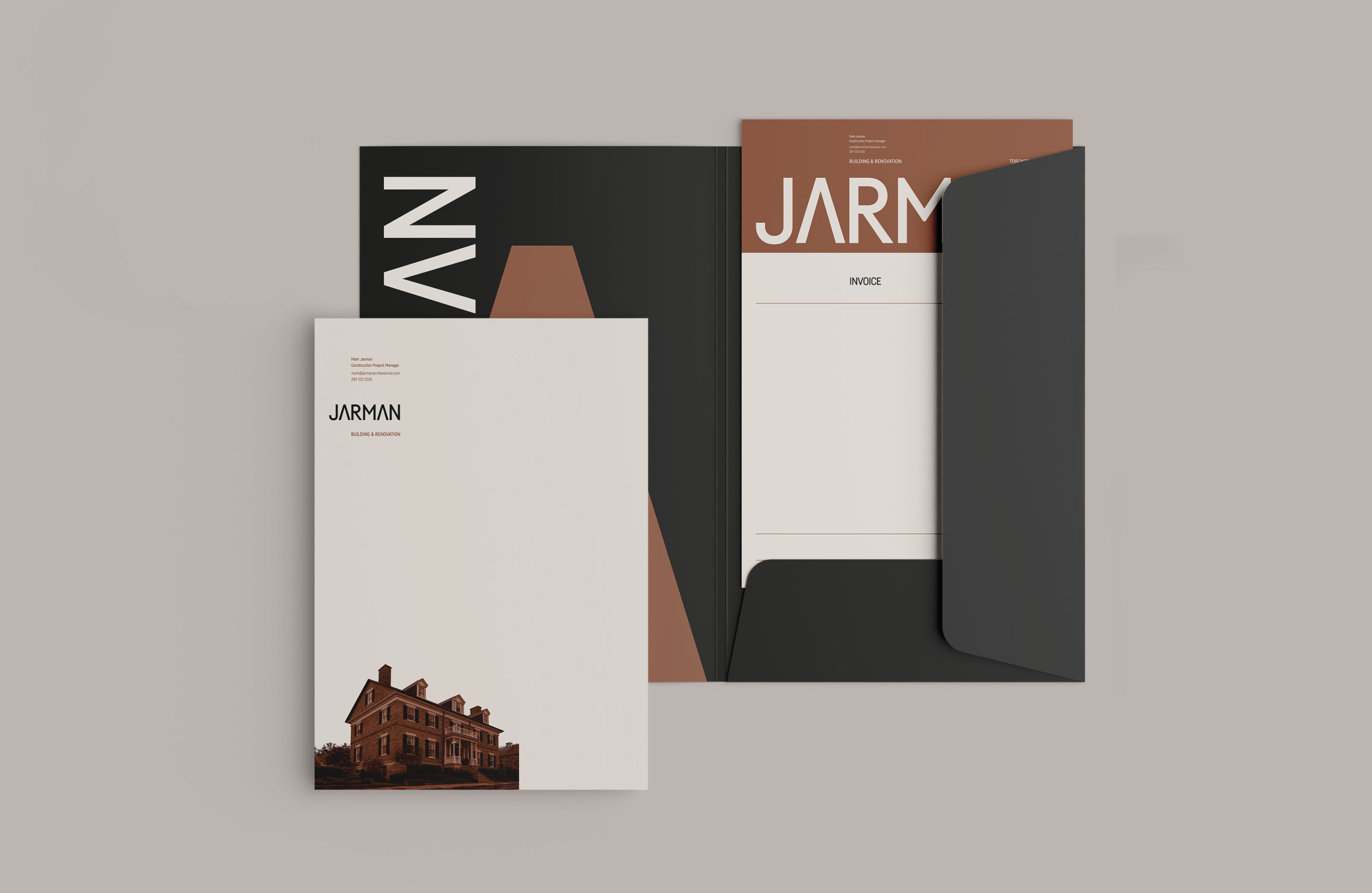 Jarman Professional document folder and branded printed materials in black, white and rust.