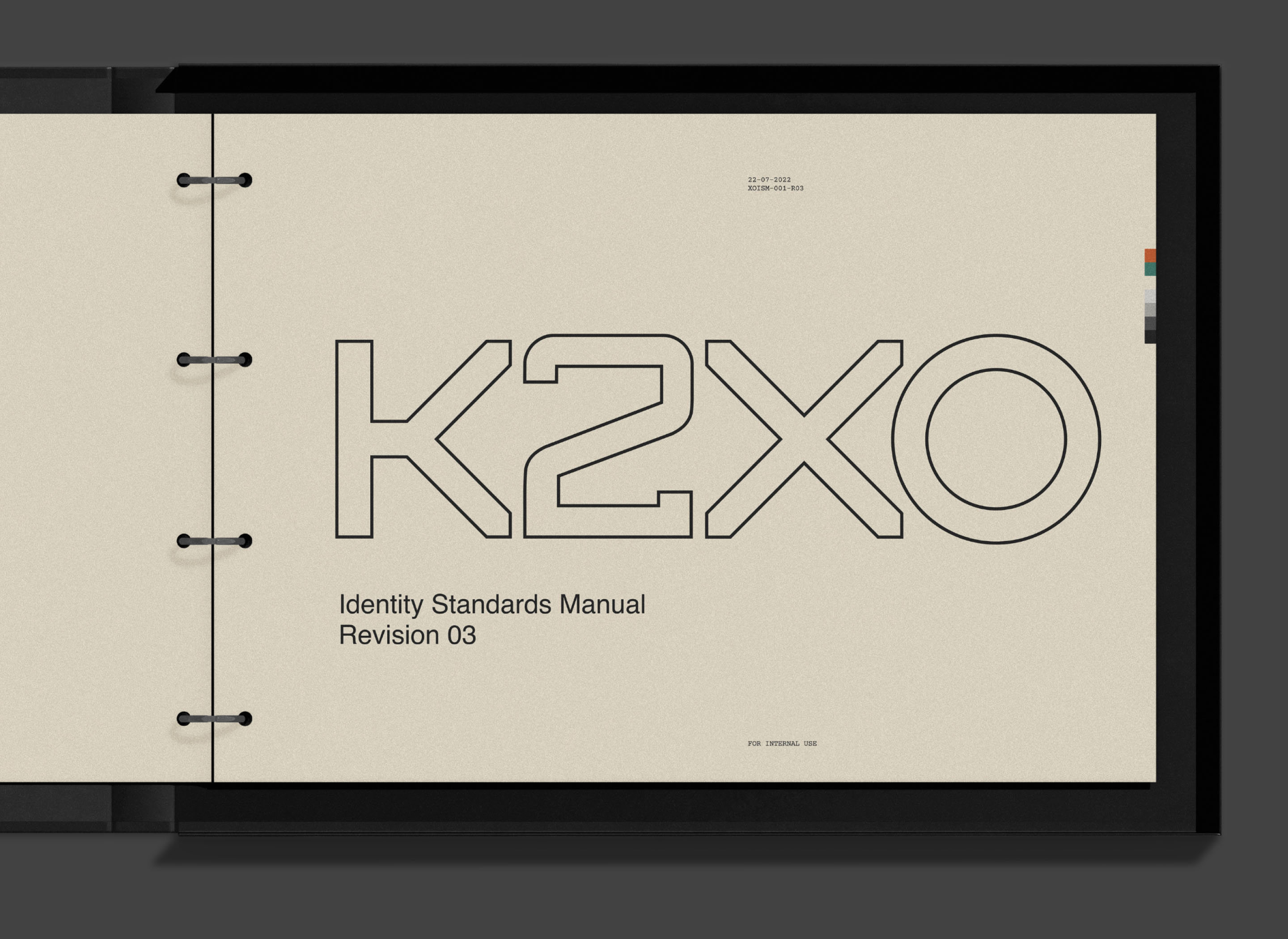 K2XO identity standards manual featuring the geometric K2XO wordmark.