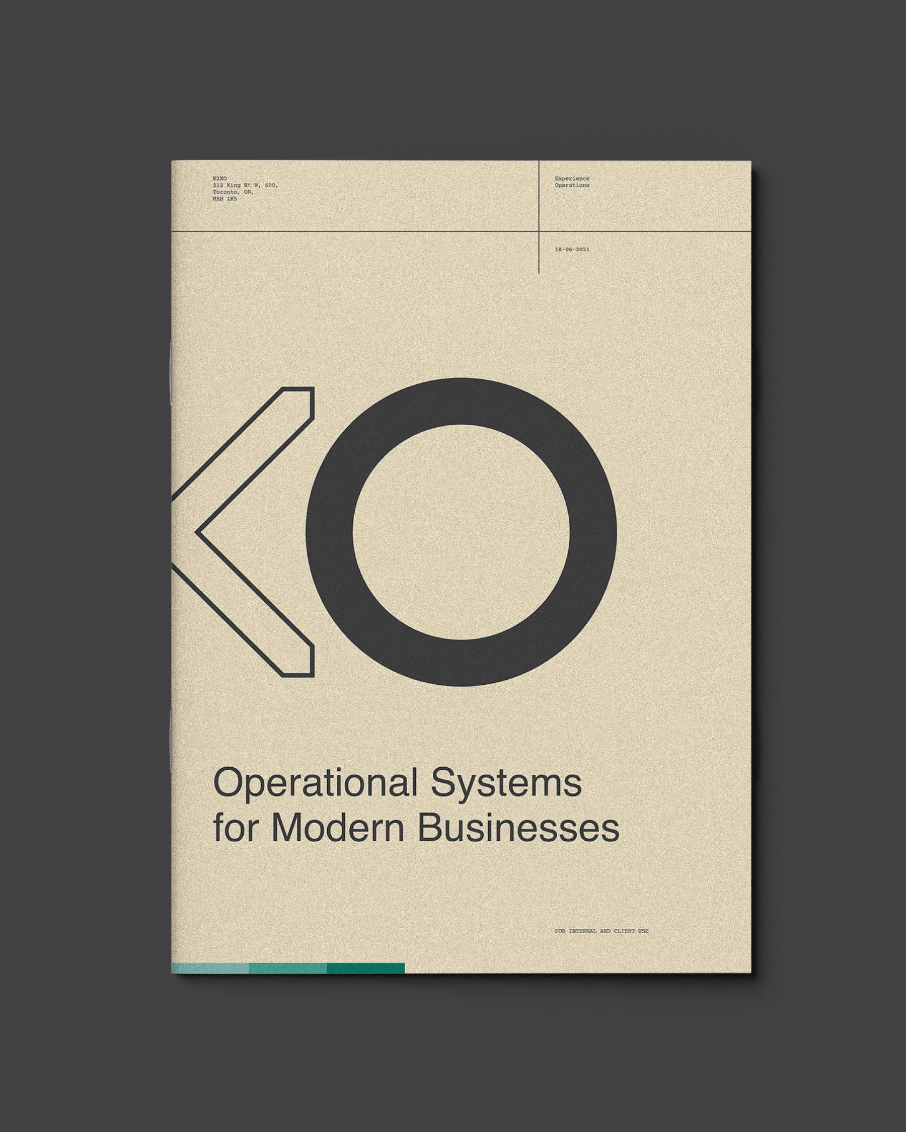 K2XO brochure cover featuring geometric typography and the message 