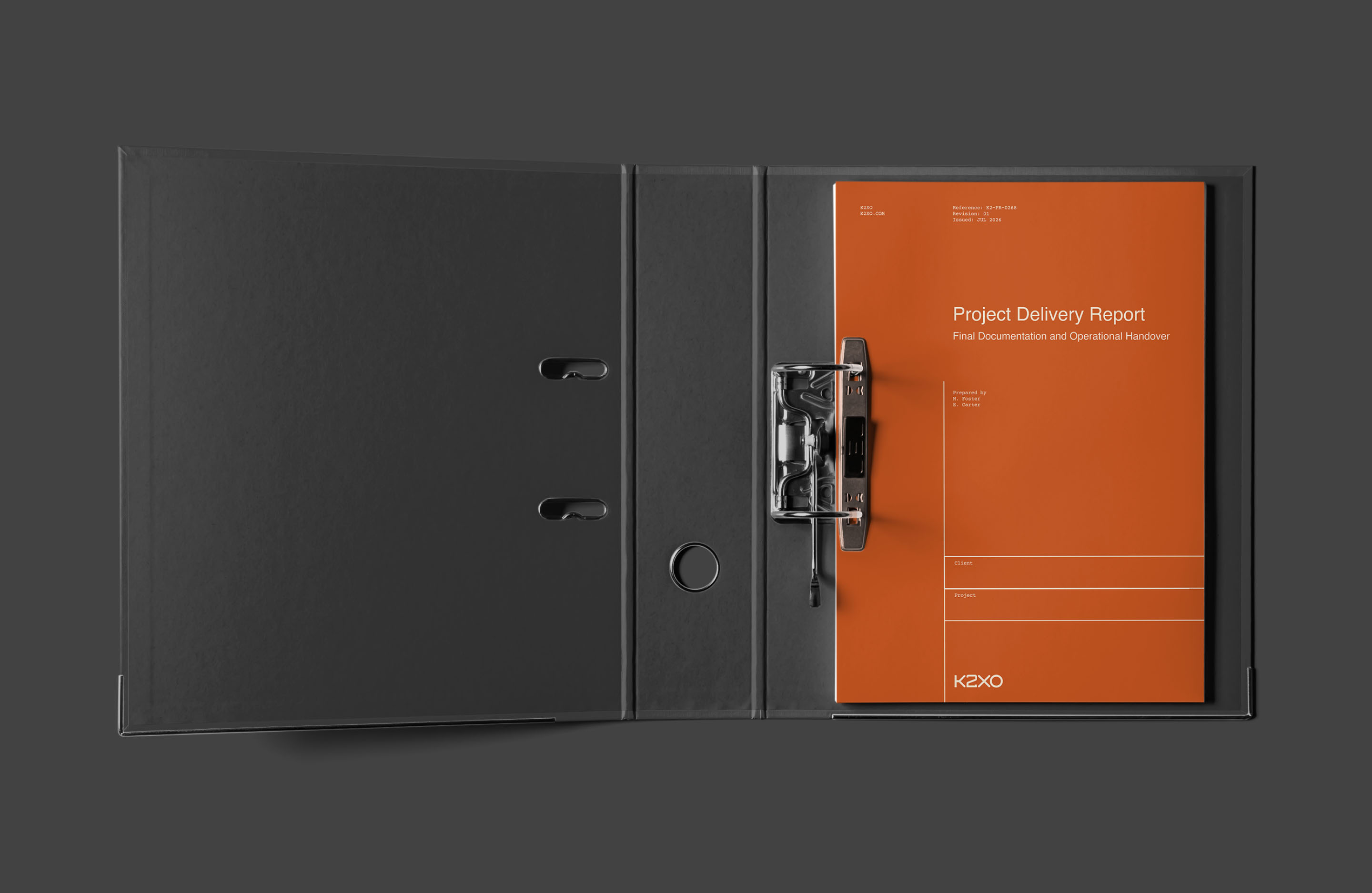 Open K2XO document binder containing an orange Project Delivery Report.