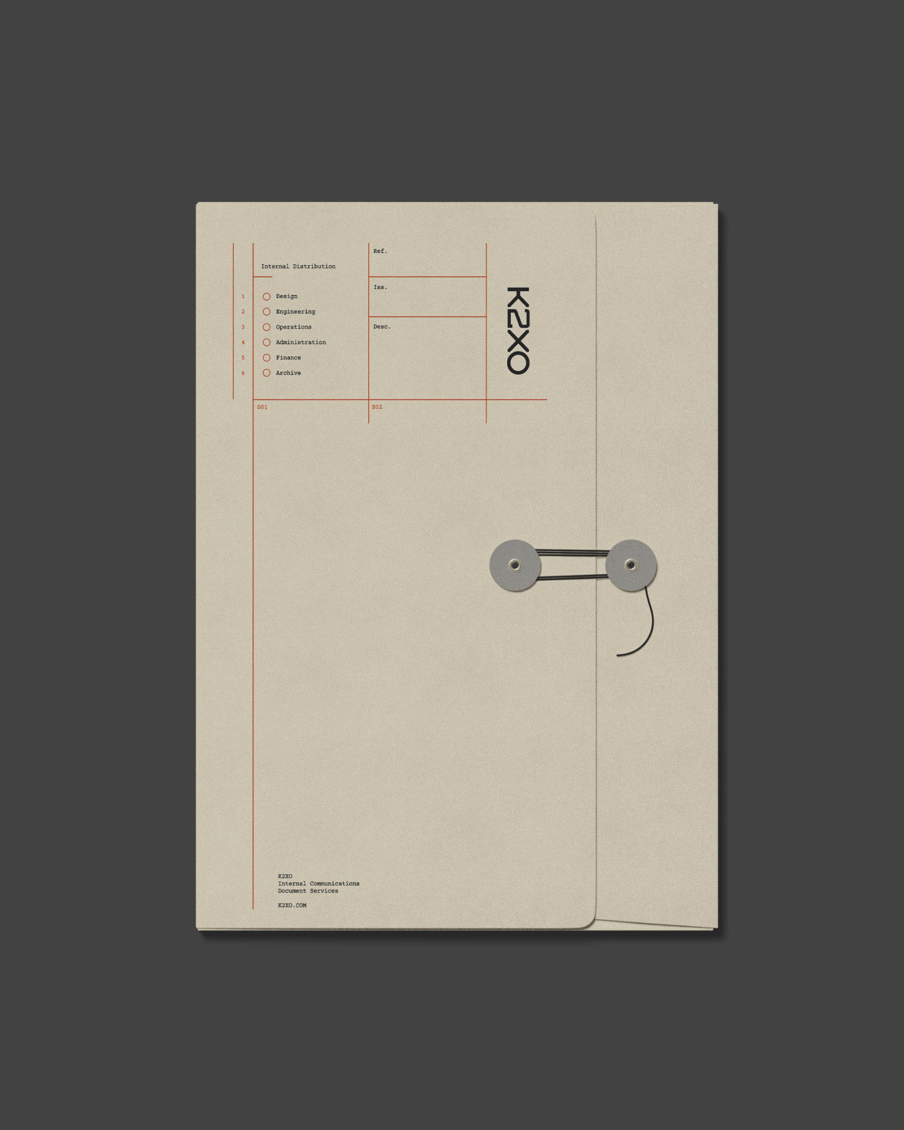 K2XO branded envelope featuring diagrammatic graphics and restrained typography.