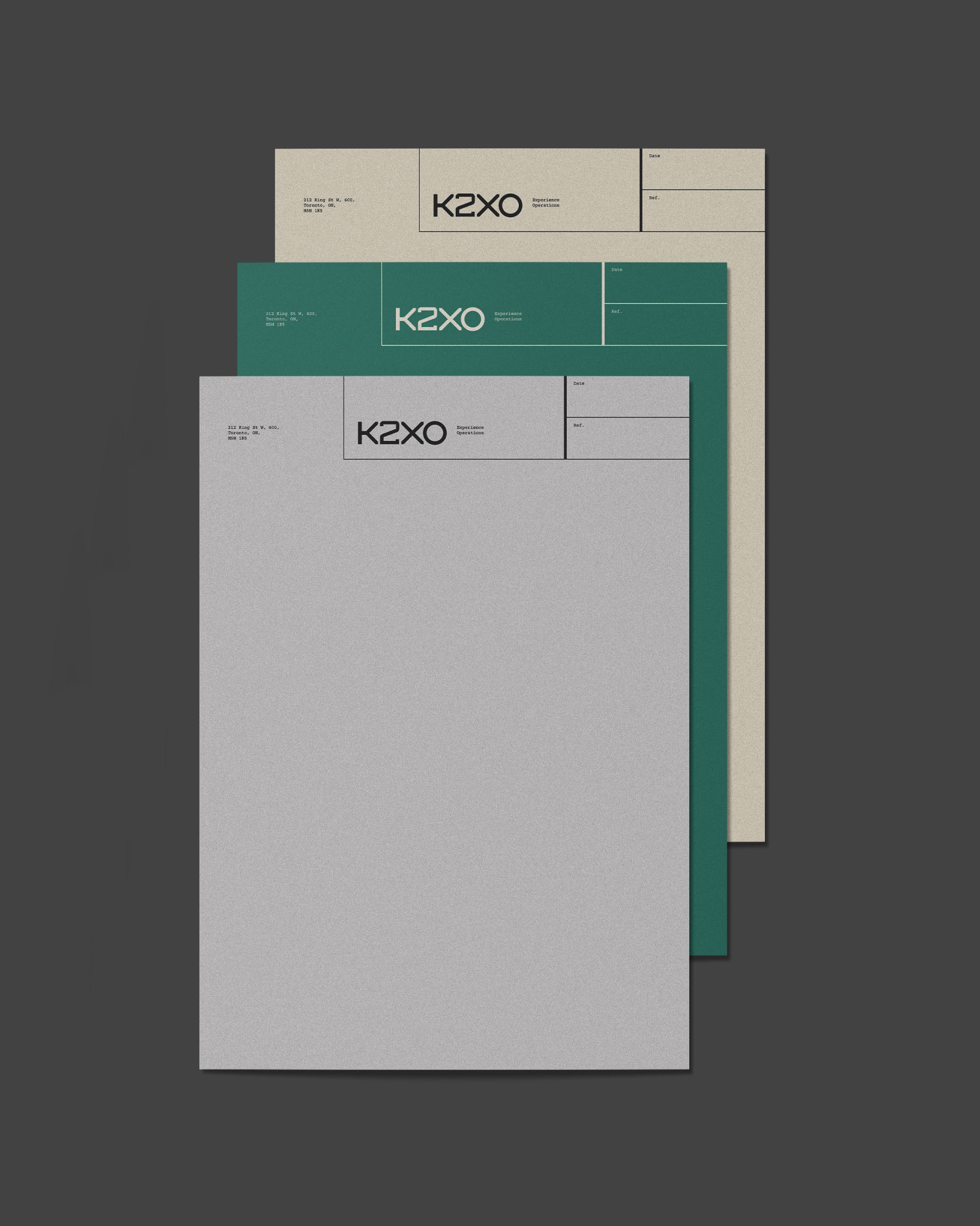 K2XO letterhead system shown in white, teal and neutral colour variations.