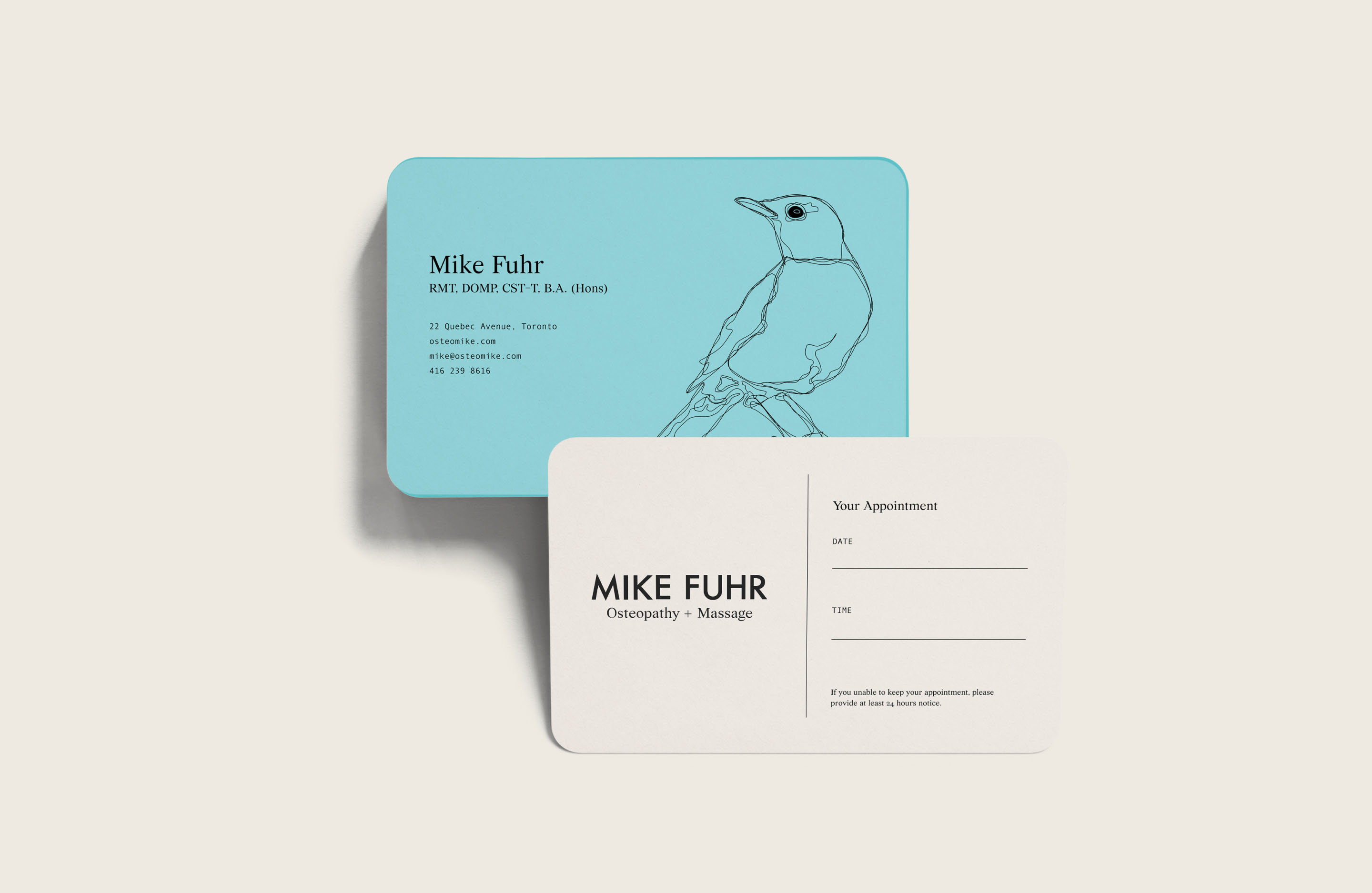 Mike Fuhr appointment cards featuring the robin illustration and blue brand colour.
