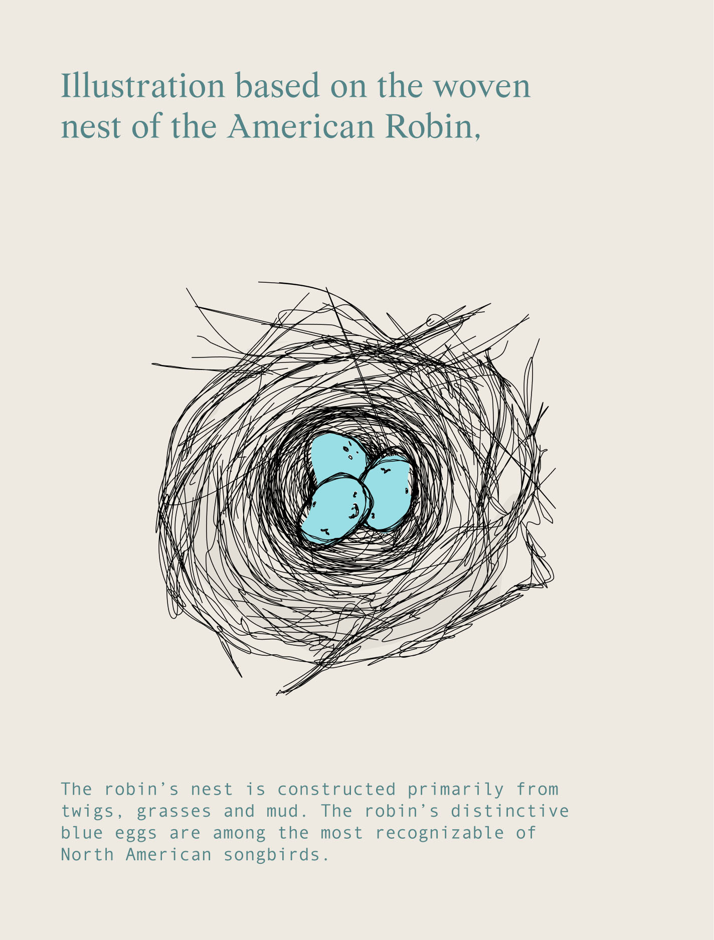 Mike Fuhr brand illustration showing an American robin nest with blue eggs.