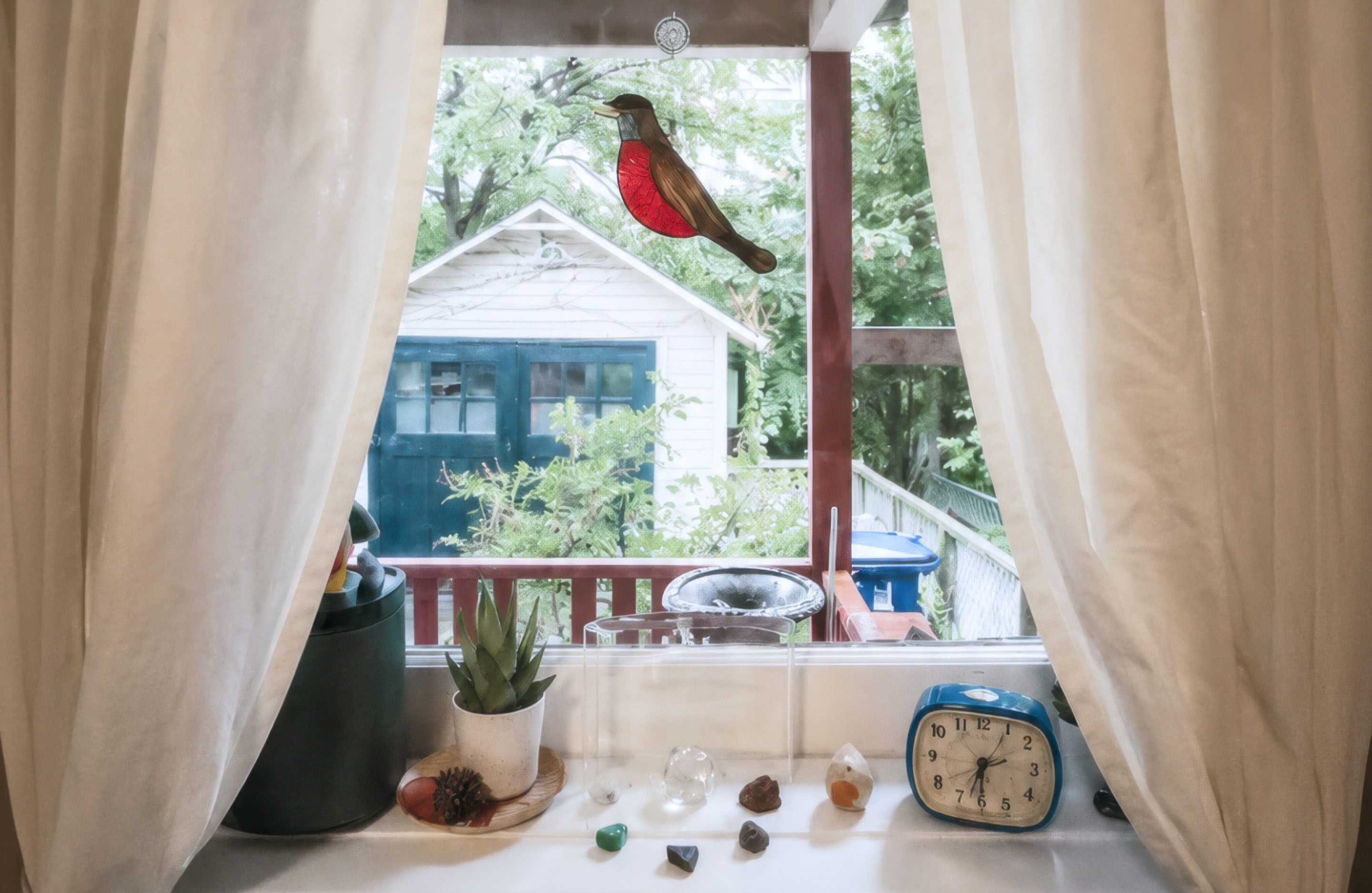 American robin illustration displayed in the window of the Mike Fuhr treatment space.