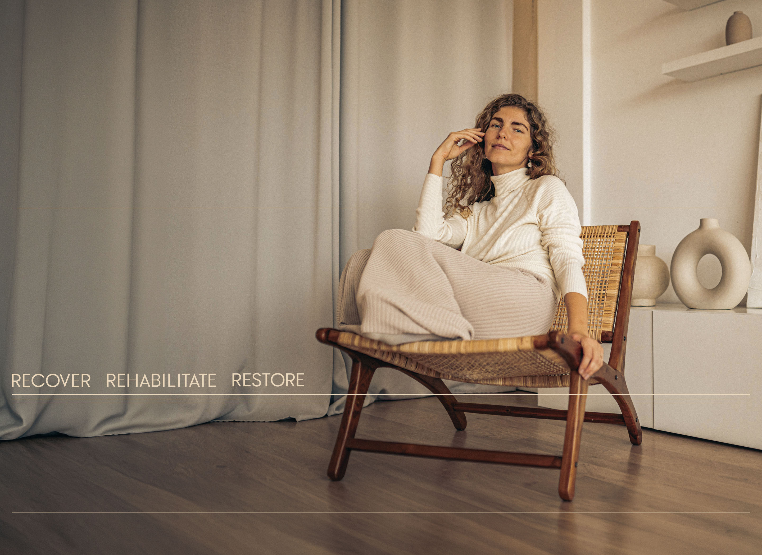 Nightingale Health brand campaign featuring a seated woman with the message Recover. Rehabilitate. Restore.