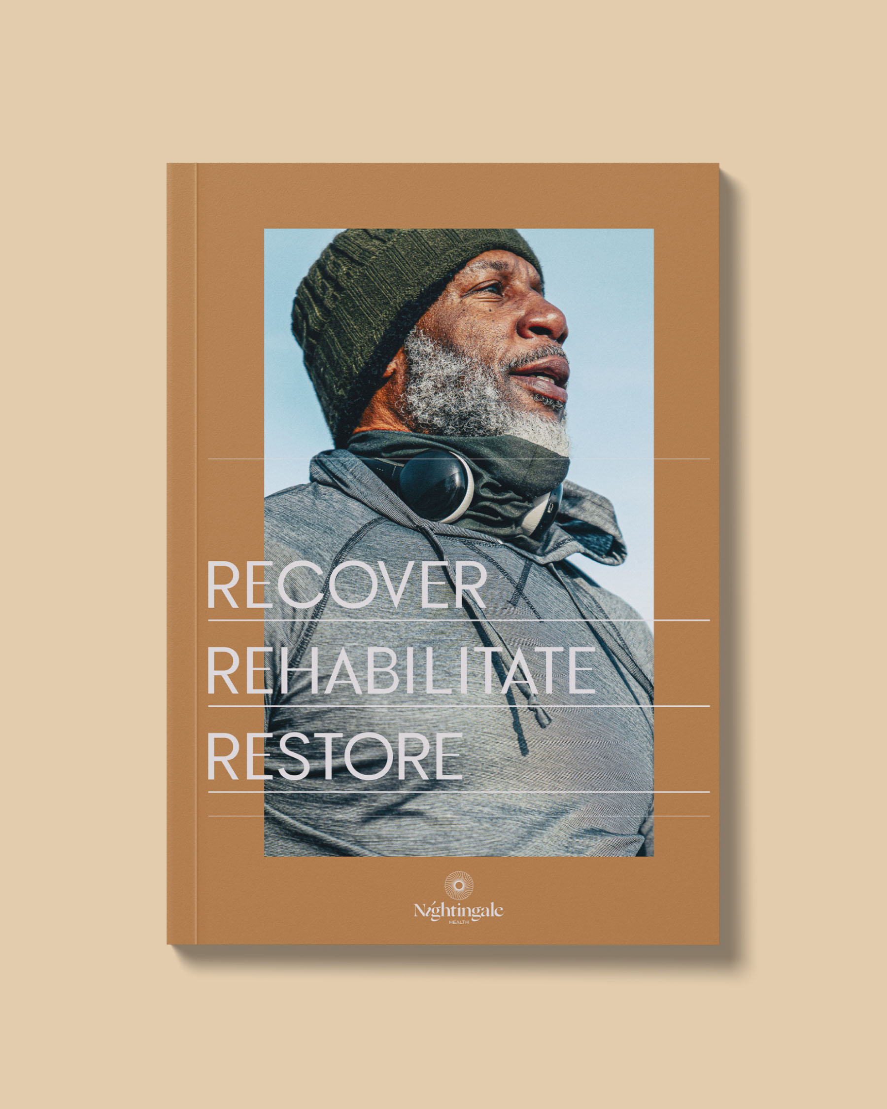 Nightingale Health brochure cover featuring a portrait of an older man and the message Recover. Rehabilitate. Restore.