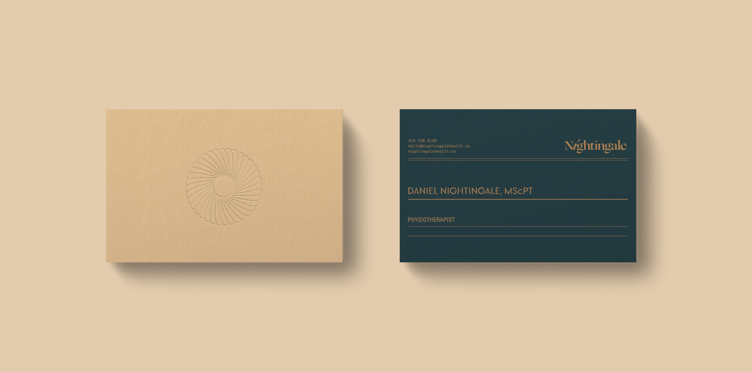 Nightingale Health business cards featuring the logo symbol and dark teal brand colour.