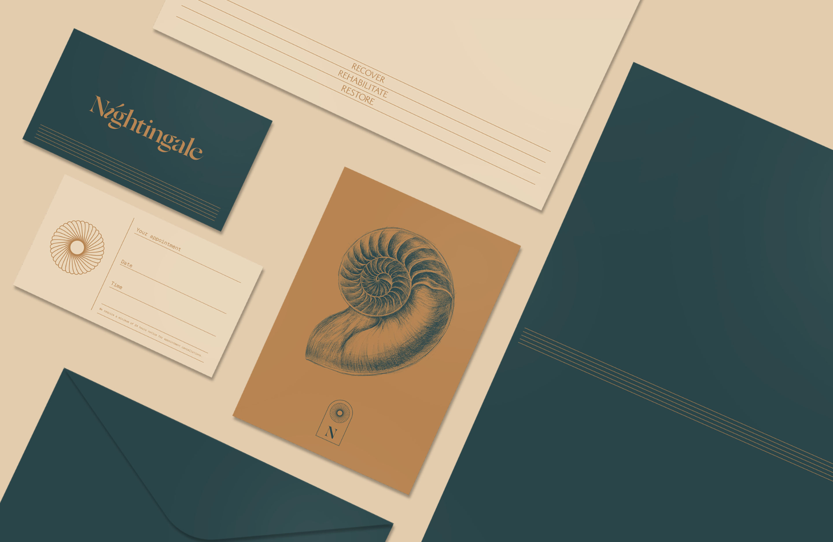 Nightingale Health stationery system featuring botanical imagery, teal and warm neutral colours.