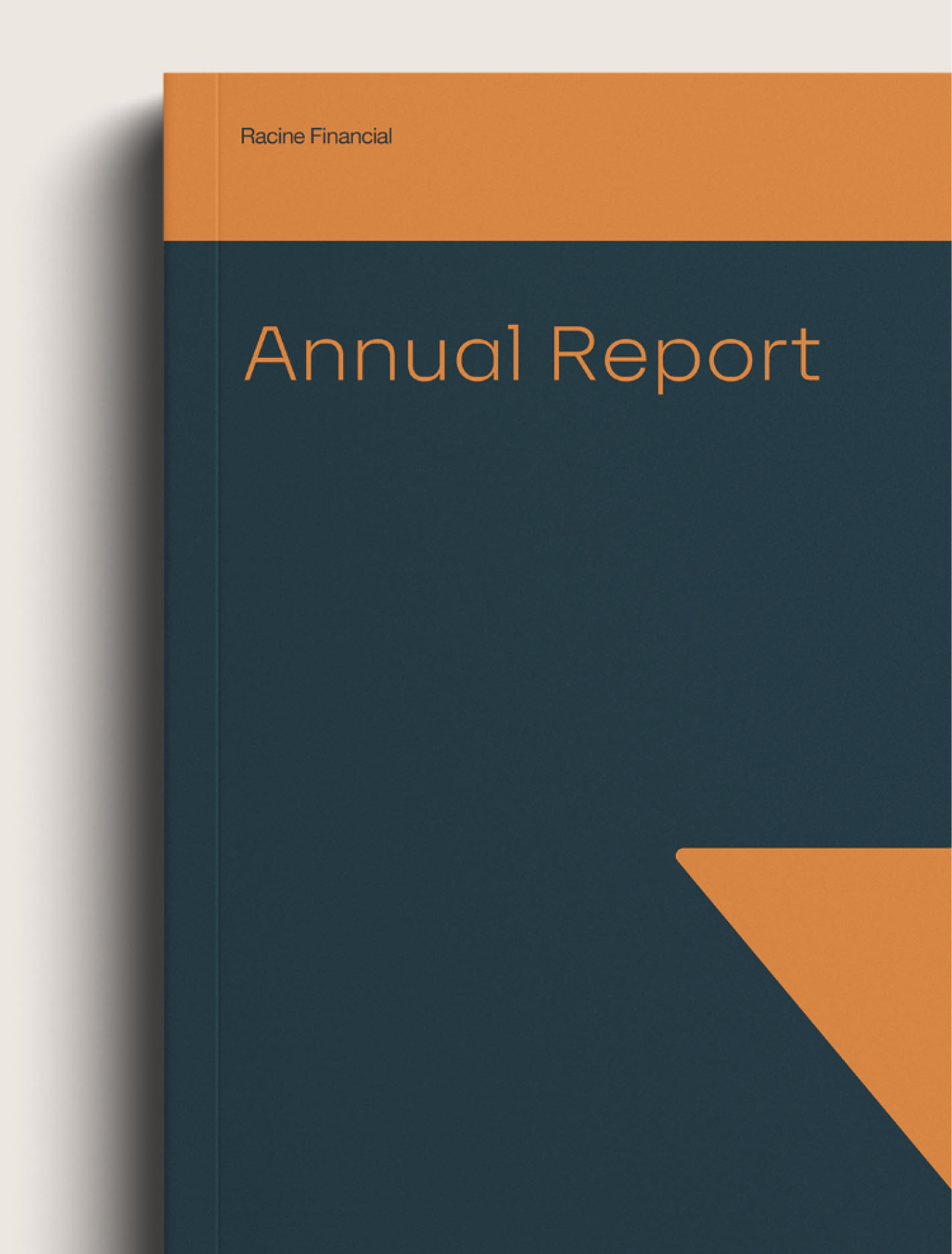 Racine Financial annual report cover in dark blue and orange.