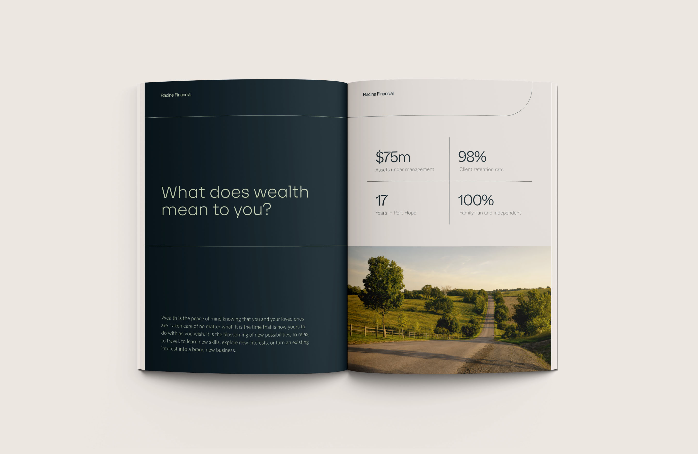 Open Racine Financial annual report showing editorial typography, financial data and landscape photography.