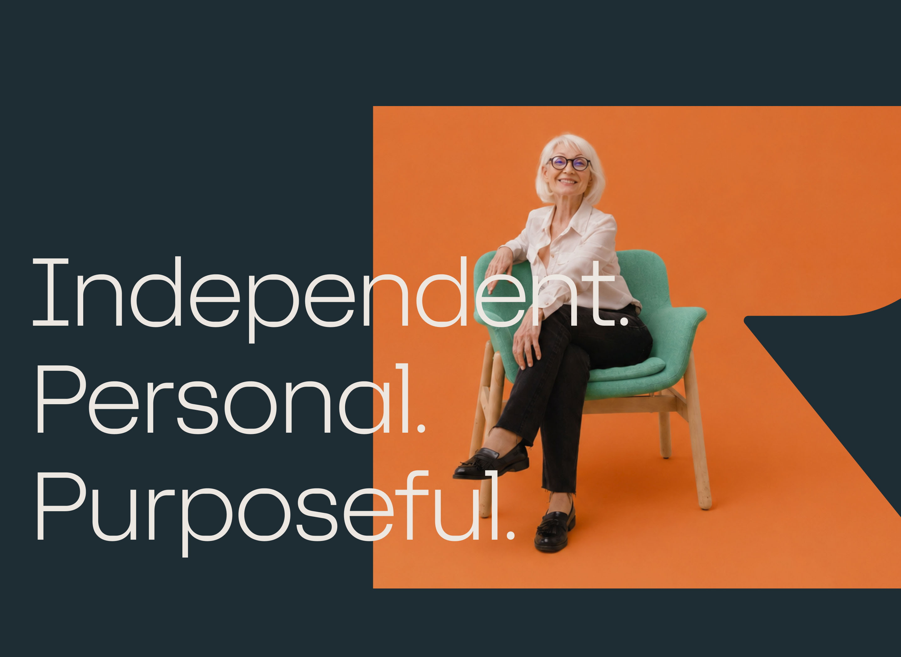 Racine Financial brand campaign featuring a seated woman and the message Independent. Personal. Purposeful.