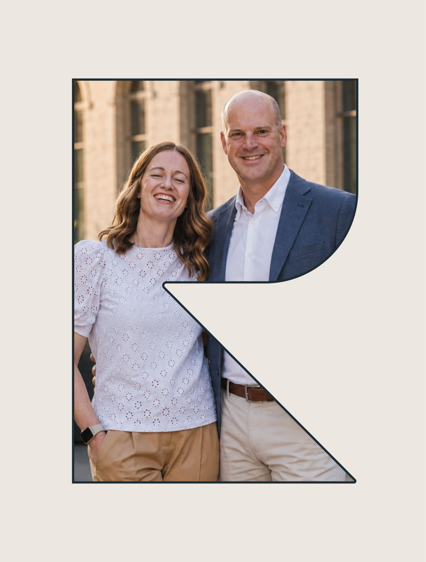 Racine Financial portrait photography framed by the geometric R brand element.
