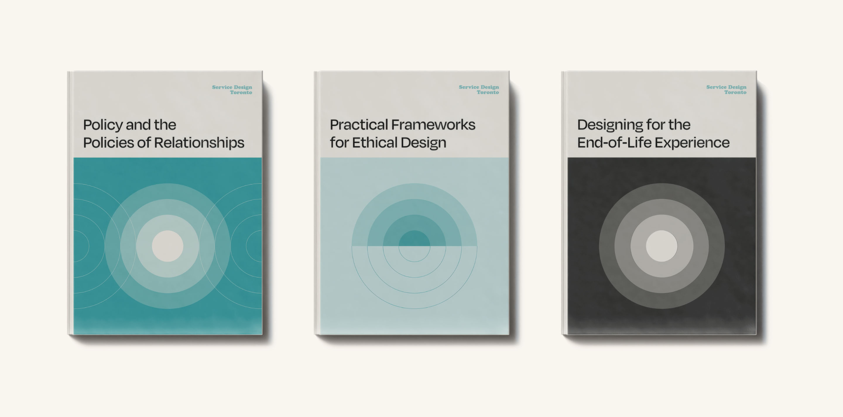Three Service Design Toronto publication covers featuring concentric circular graphics.