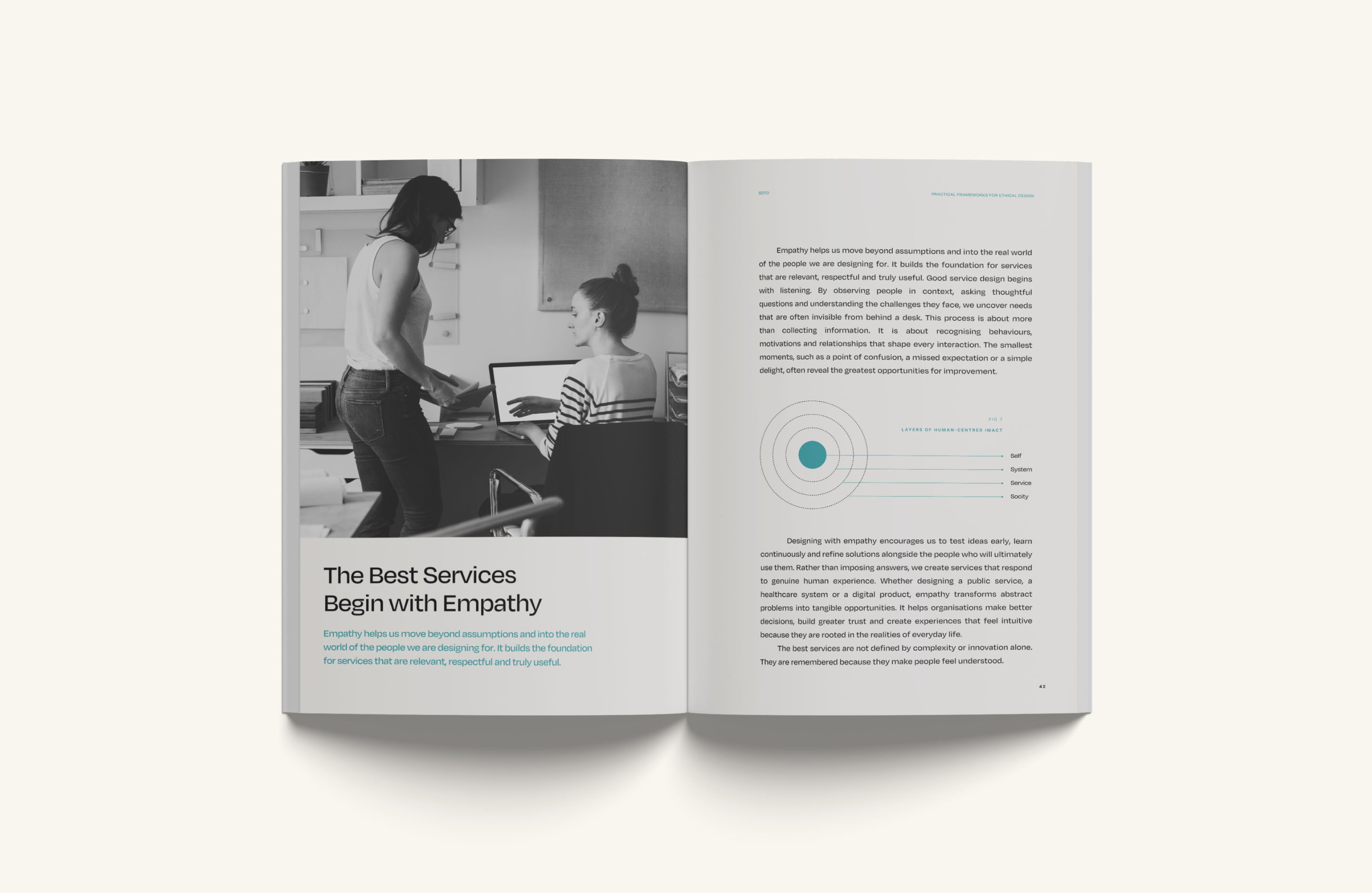 Open Service Design Toronto publication combining editorial typography, photography and teal graphics.