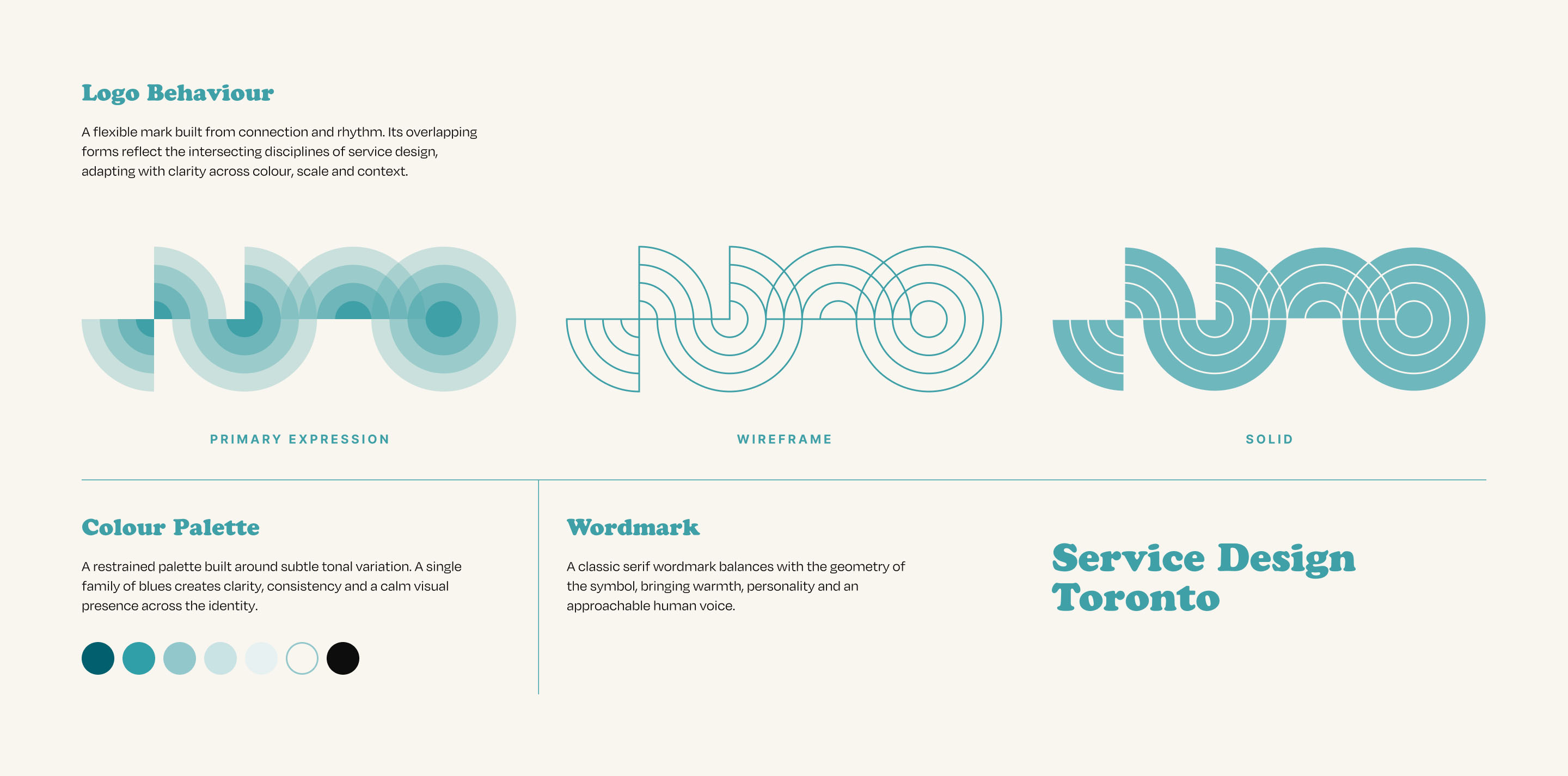 Service Design Toronto identity system showing logo behaviour, colour palette and wordmark variations.