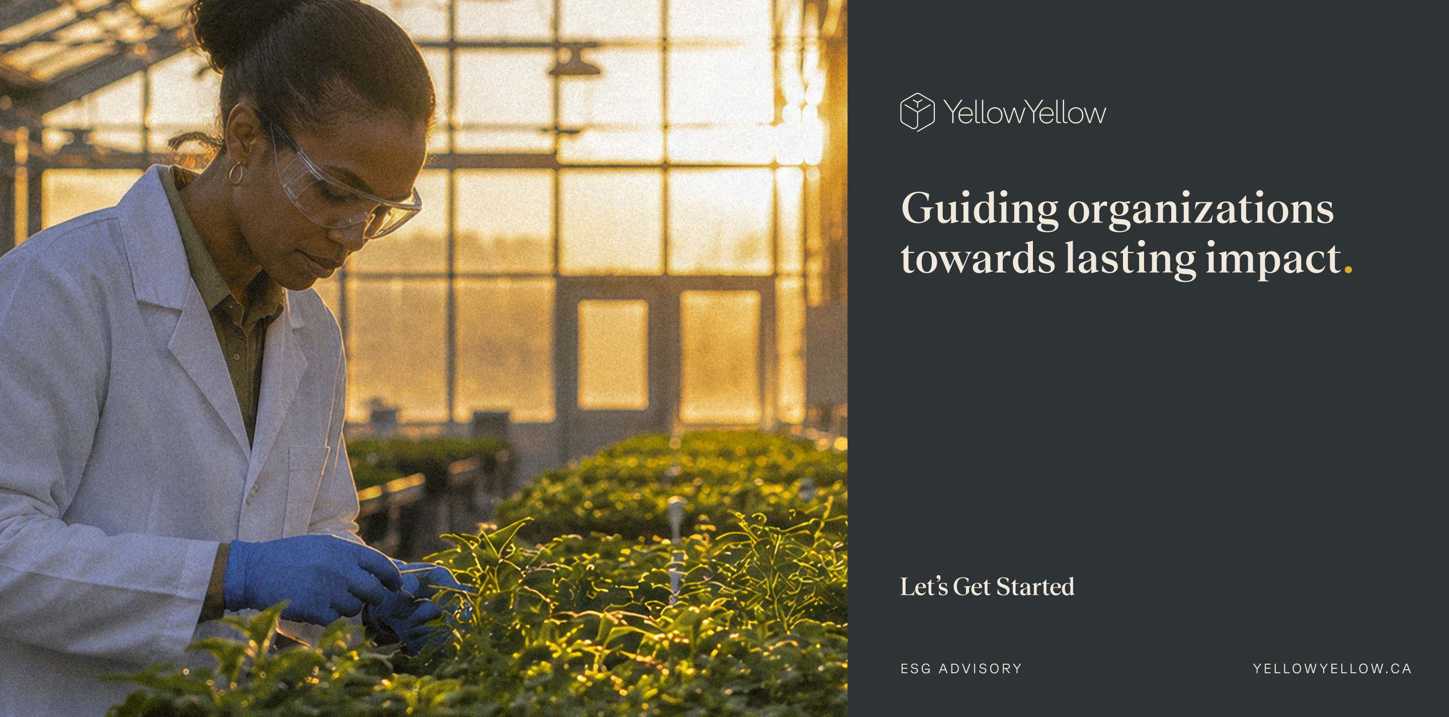 YellowYellow billboard featuring a greenhouse worker and the message Guiding organizations towards lasting impact.