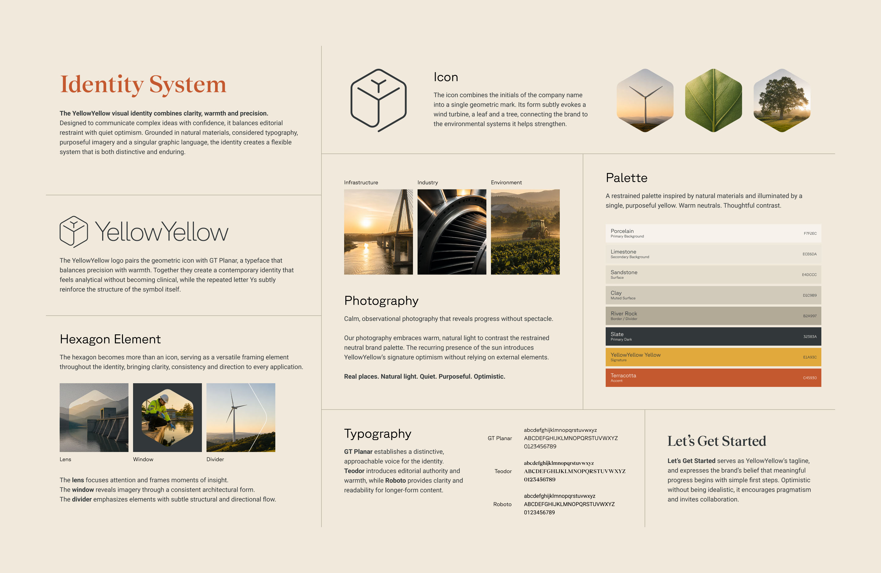 YellowYellow identity system showing logo, typography, colour palette, photography and graphic elements.