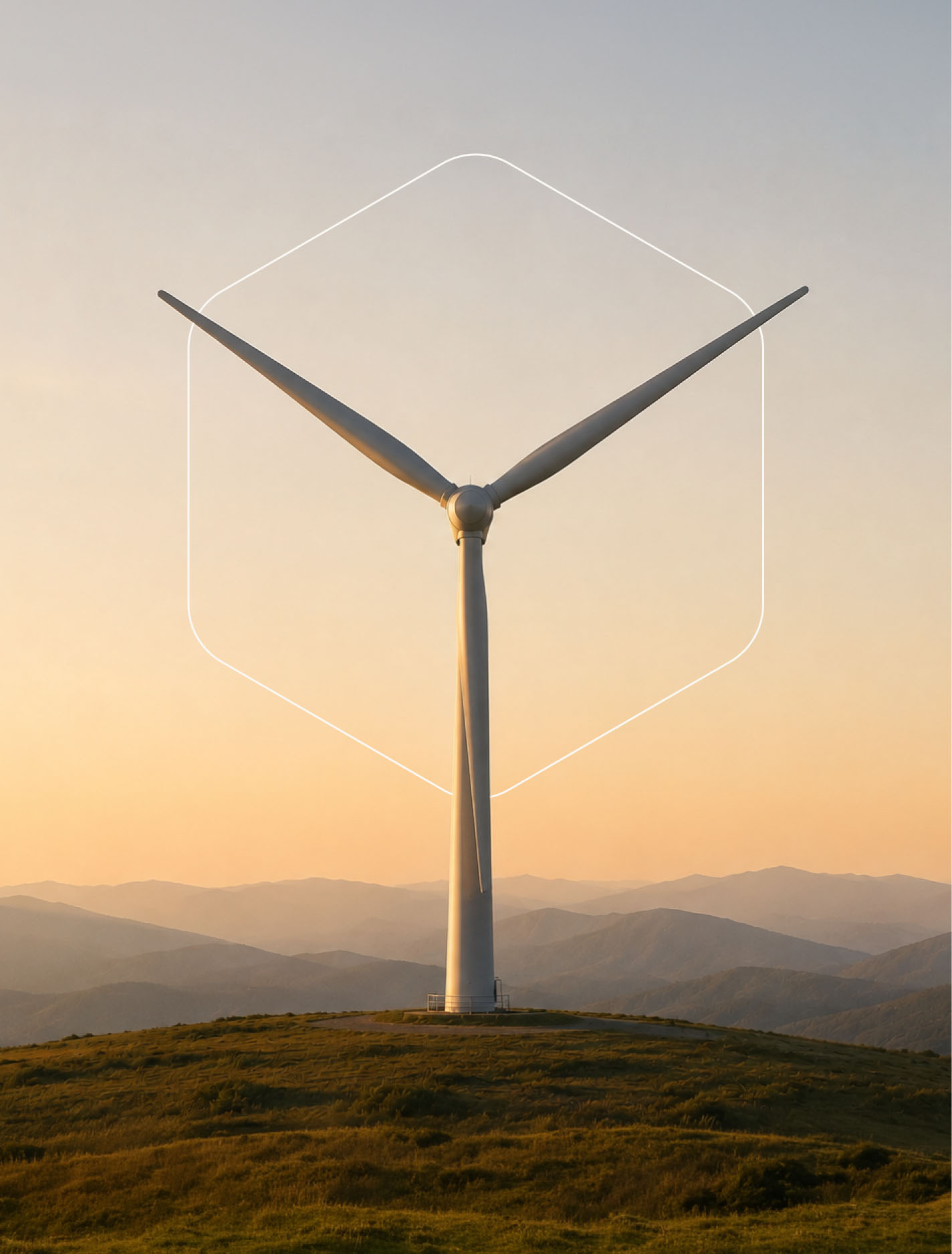 YellowYellow hexagonal brand element framing a wind turbine against a mountain landscape.
