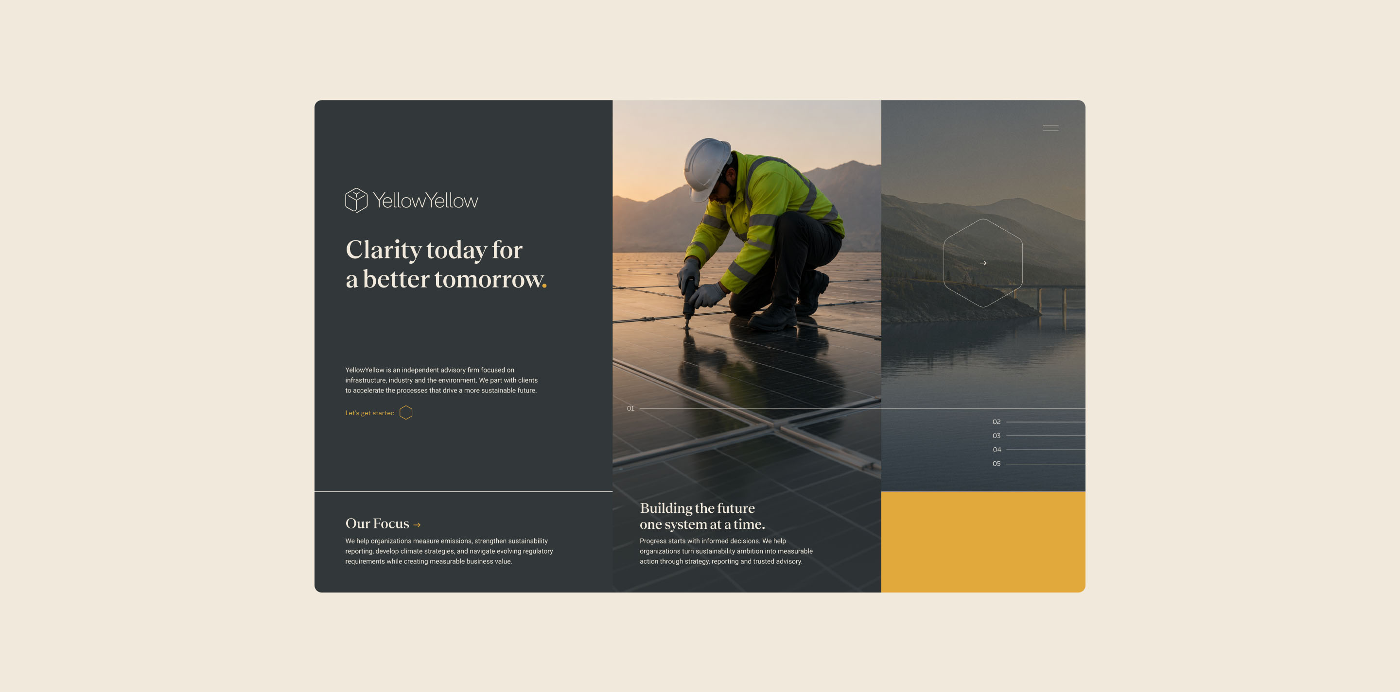 YellowYellow website design featuring ESG advisory messaging and photography.