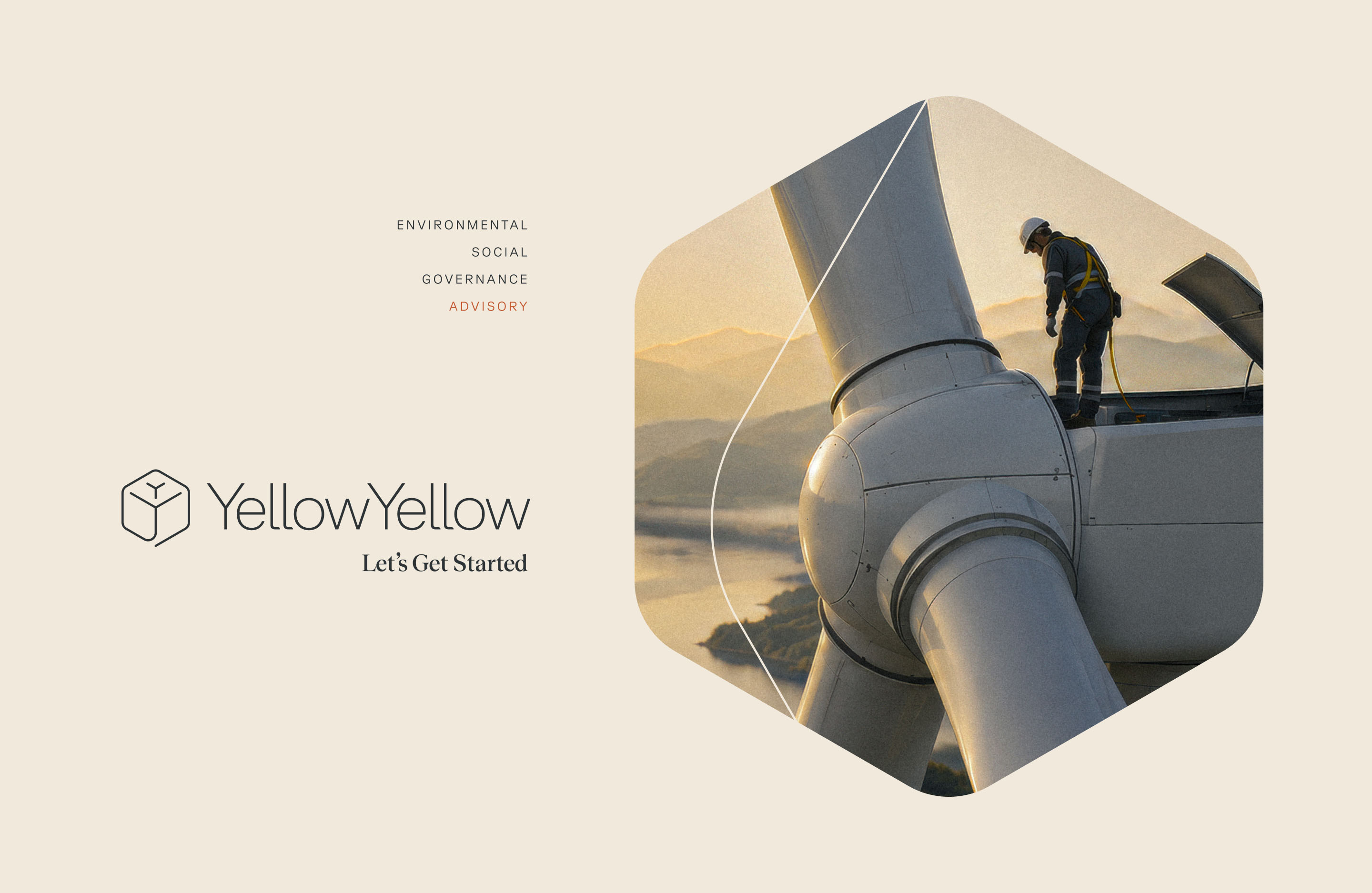 YellowYellow logo and hexagonal brand element paired with renewable energy photography.